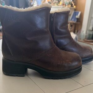 UGG Brown Leather Shearling Ankle Boots with Side Zip